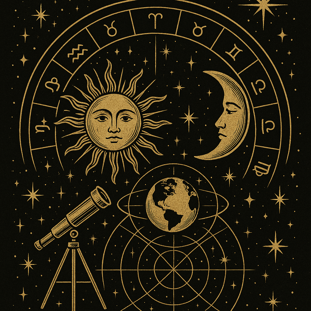 Astrology charts and celestial bodies showing planetary positions and zodiac signs